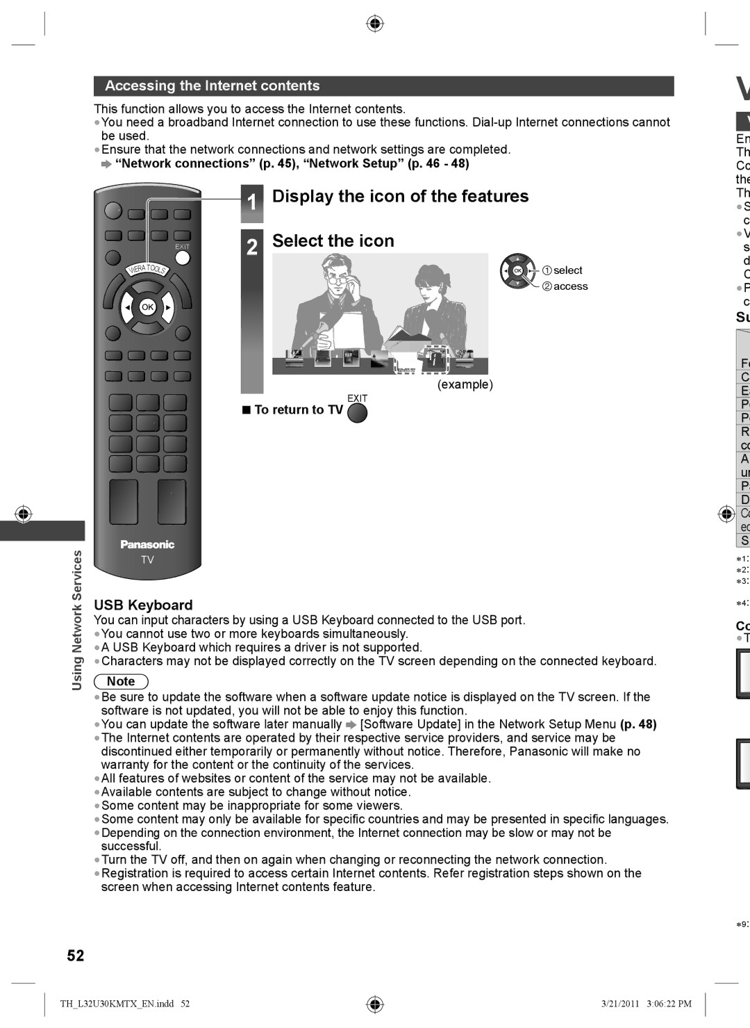 Panasonic TH-L32U30M, TH-L32U30T manual Display the icon of the features, Select the icon, Accessing the Internet contents 