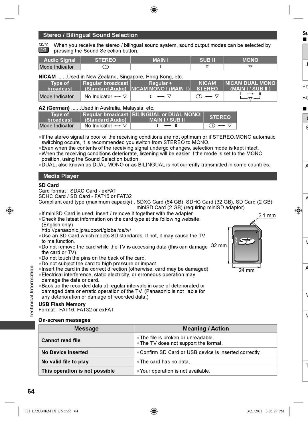 Panasonic TH-L32U30M, TH-L32U30T, TH-L32U30X manual Stereo / Bilingual Sound Selection, Media Player 