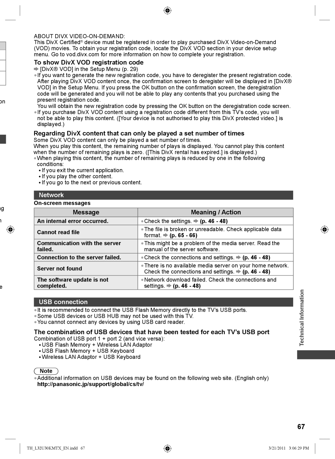 Panasonic TH-L32U30M, TH-L32U30T To show DivX VOD registration code, Message Meaning / Action, USB connection, Information 