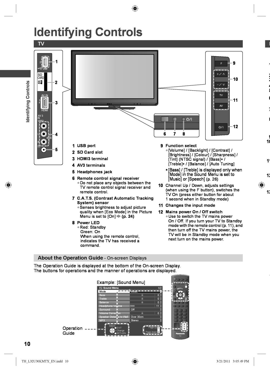 Panasonic TH-L32U30M, TH-L32U30T Identifying Controls, About the Operation Guide - On-screen Displays, Example Sound Menu 