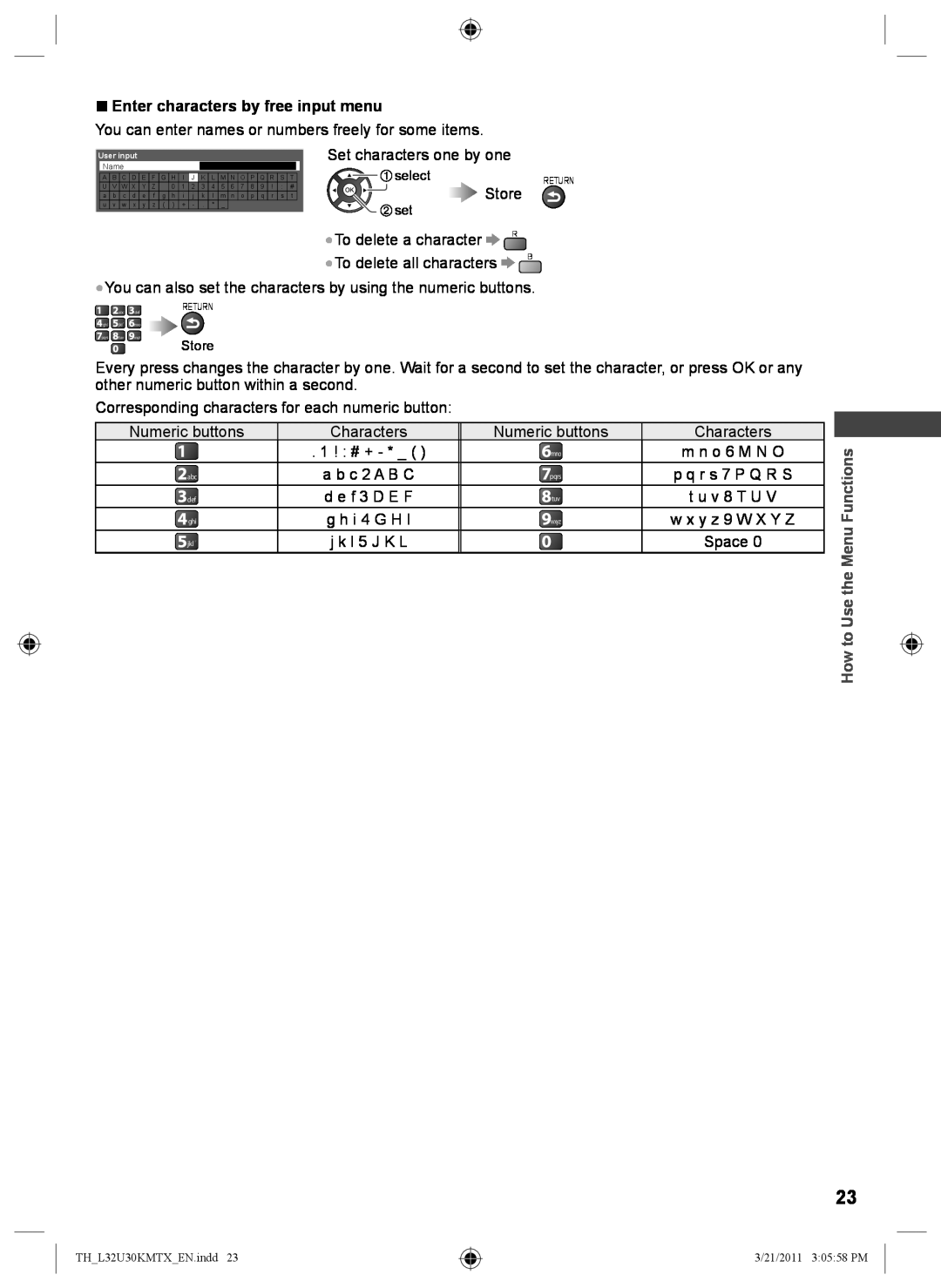 Panasonic TH-L32U30X manual Enter characters by free input menu, Numeric buttons, 1 ! # +, m n o 6 M N O, p q r s 7 P Q R S 