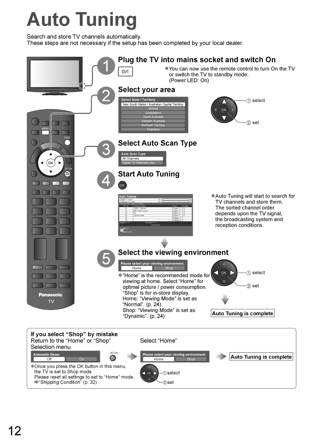 Panasonic TH-L32X10A warranty Plug the TV into mains socket and switch On, Select your area, Select the viewing environment 