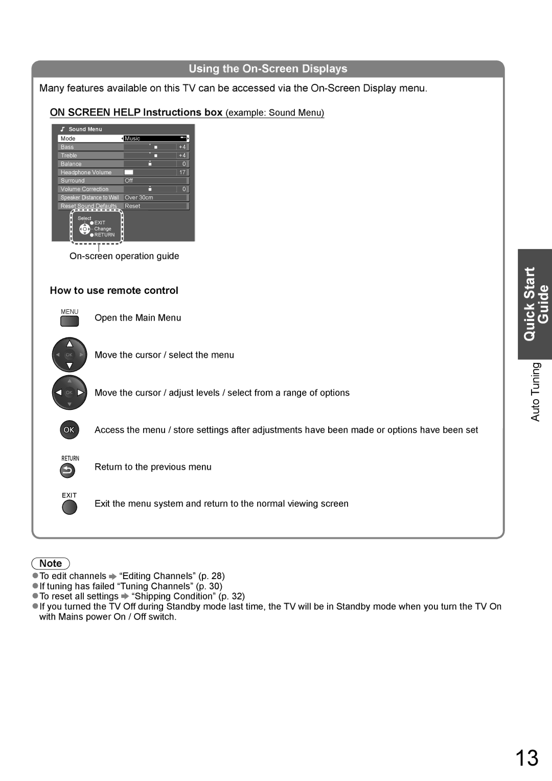 Panasonic TH-L32X10A warranty Quick Start, Using the On-Screen Displays, On Screen Help Instructions box example Sound Menu 