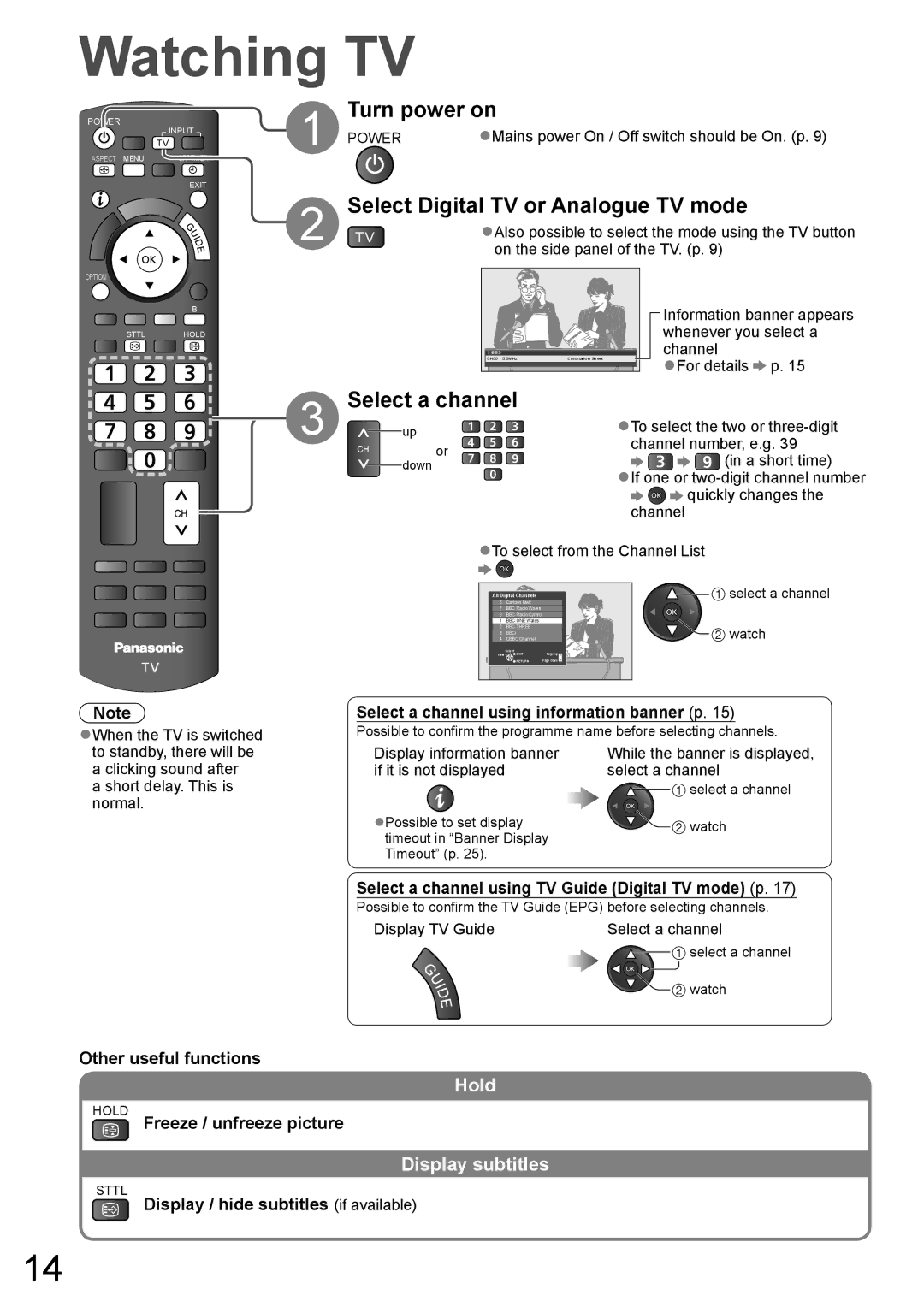 Panasonic TH-L32X10A warranty Watching TV, Turn power on, Select Digital TV or Analogue TV mode, Select a channel 