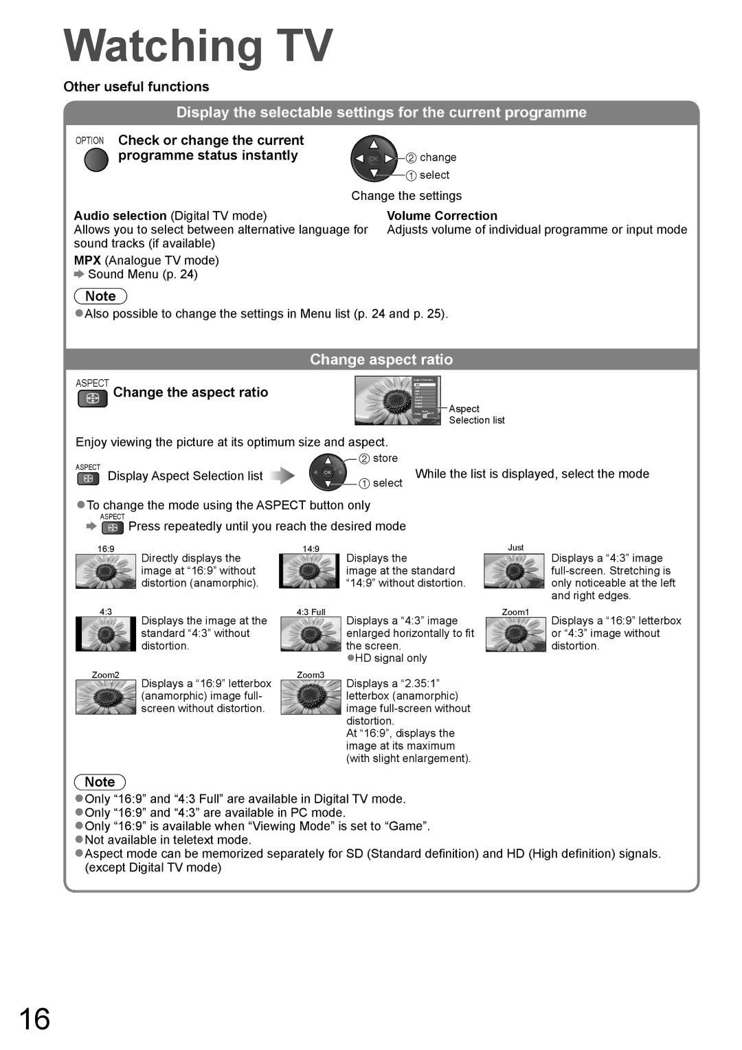 Panasonic TH-L32X10A Display the selectable settings for the current programme, Change aspect ratio, Volume Correction 