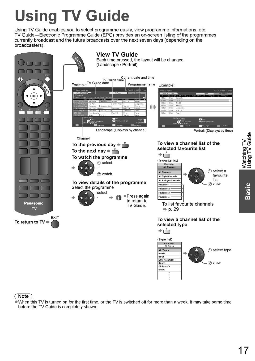 Panasonic TH-L32X10A warranty Using TV Guide, View TV Guide, To the previous day To the next day To watch the programme 