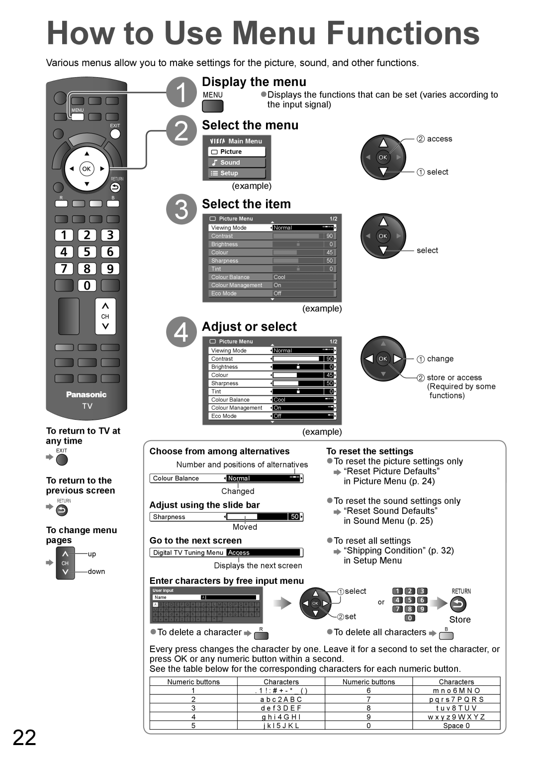 Panasonic TH-L32X10A How to Use Menu Functions, Display the menu, Select the menu, Select the item, Adjust or select 