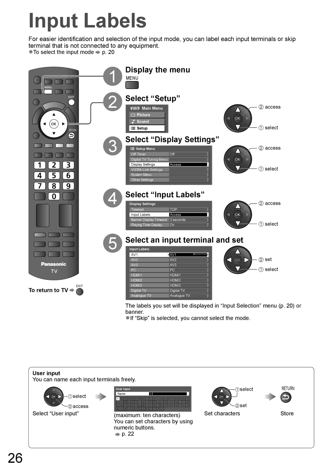 Panasonic TH-L32X10A Select Setup, Select Display Settings, Select Input Labels, Select an input terminal and set 