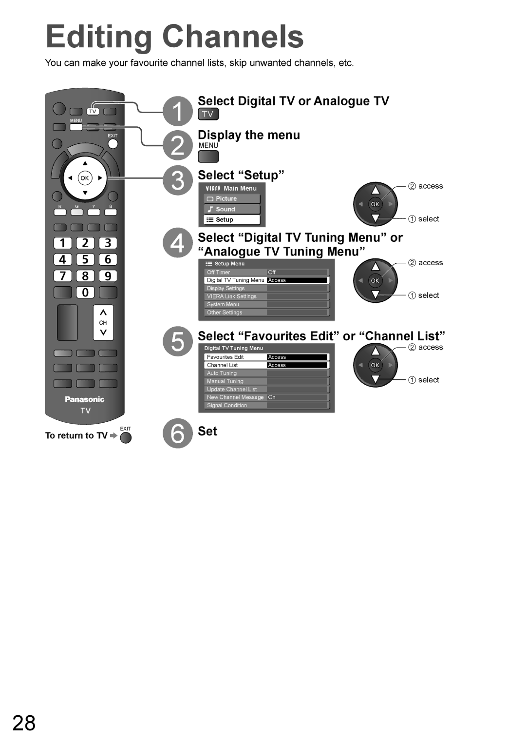 Panasonic TH-L32X10A warranty Editing Channels, Select Digital TV or Analogue TV, Select Digital TV Tuning Menu or 