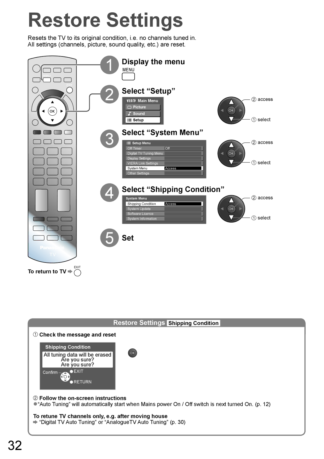 Panasonic TH-L32X10A warranty Restore Settings, Menu, Select Shipping Condition, DisplayMENU 