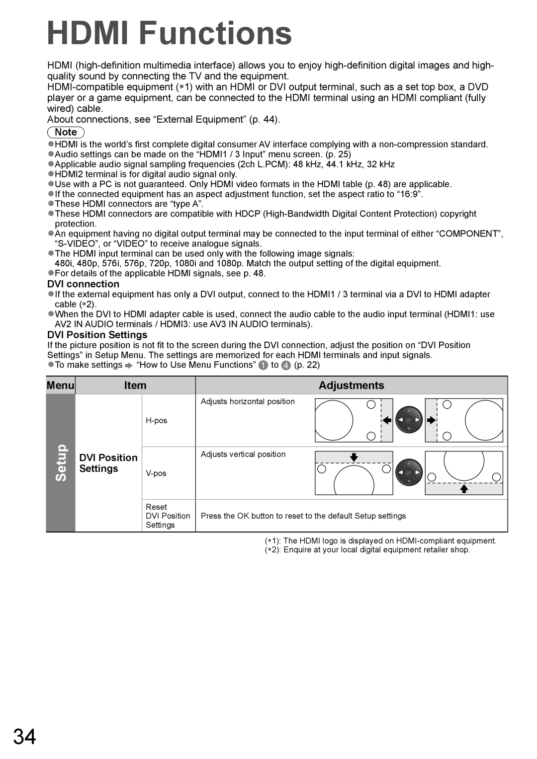 Panasonic TH-L32X10A warranty Hdmi Functions, Setup, DVI connection, DVI Position Settings 