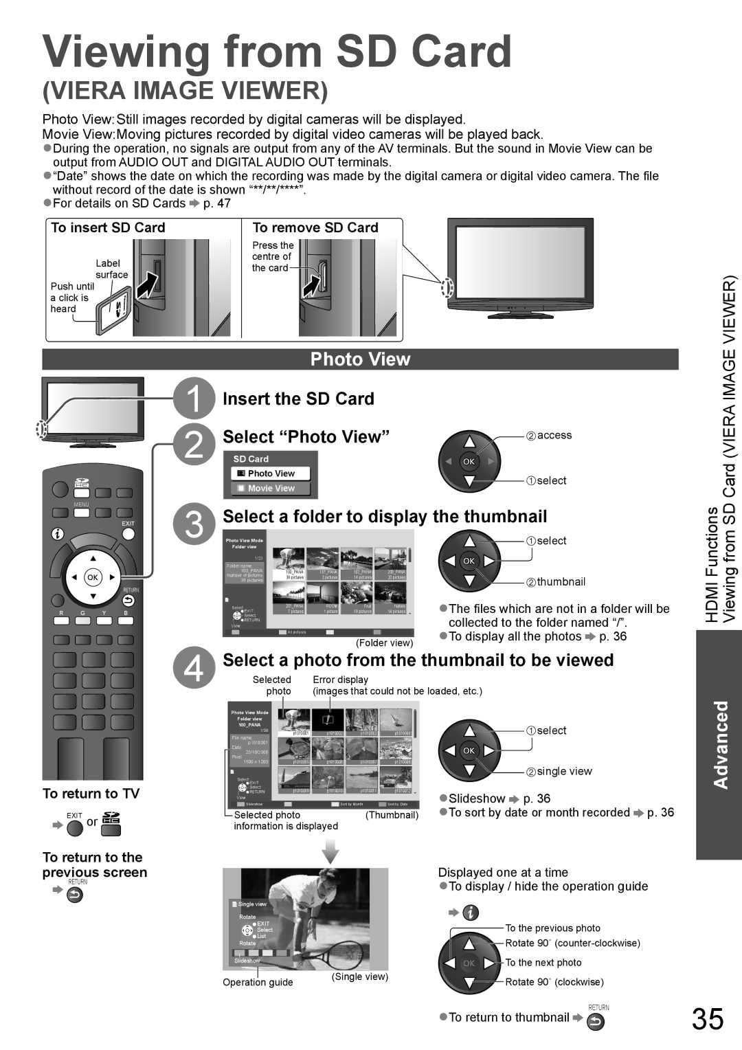 Panasonic TH-L32X10A warranty Viewing from SD Card, Insert the SD Card Select Photo View 