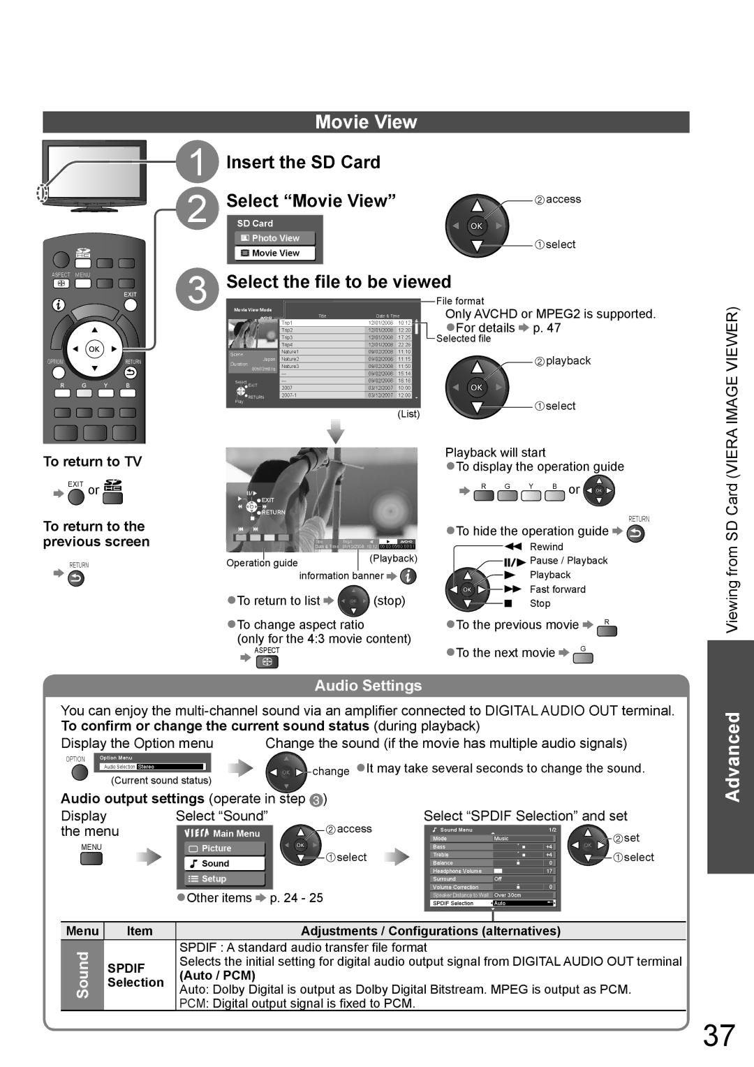 Panasonic TH-L32X10A warranty Movie View, Insert the SD Card, Select the file to be viewed, Audio Settings, Sound 