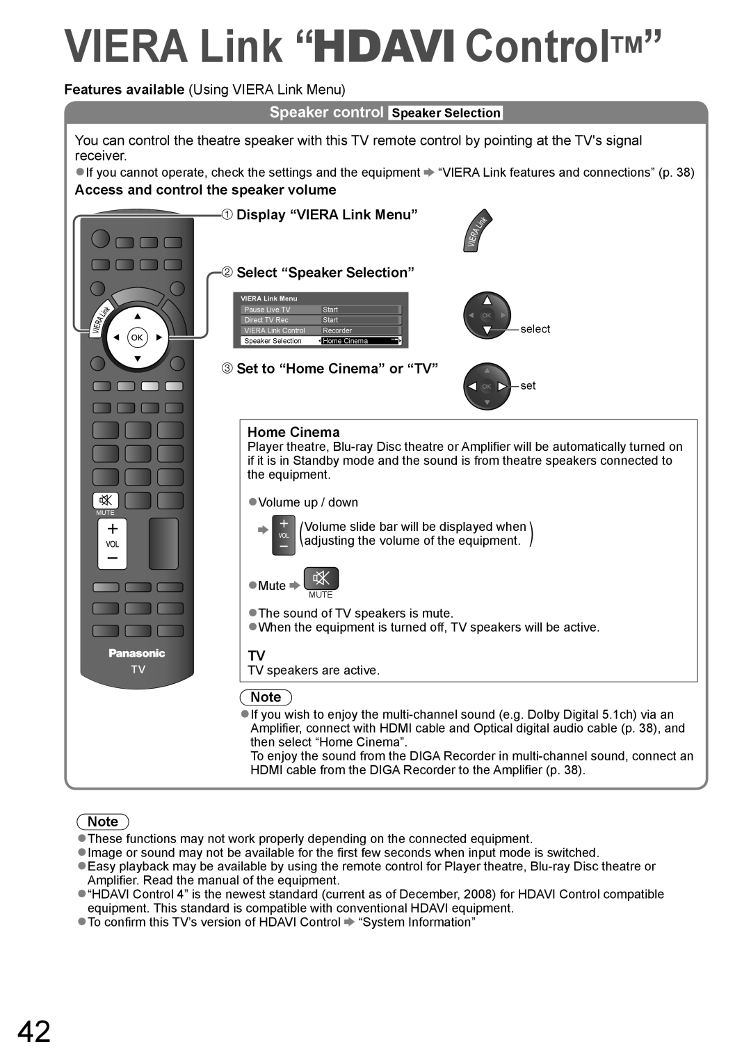 Panasonic TH-L32X10A warranty Select Speaker Selection, Set to Home Cinema or TV, Speaker control Speaker Selection, Mute 