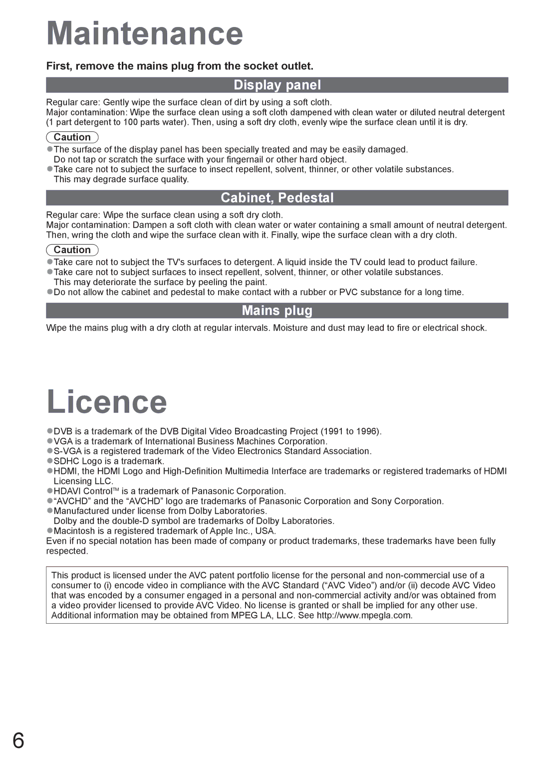 Panasonic TH-L32X10A warranty Maintenance, Licence, Display panel, Cabinet, Pedestal, Mains plug 