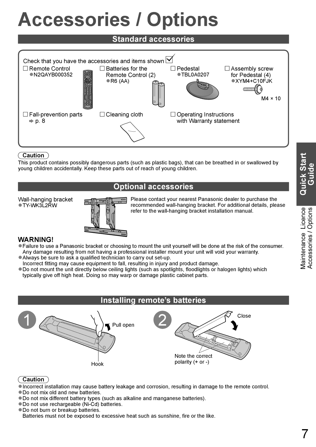 Panasonic TH-L32X10A Accessories / Options, Standard accessories, Optional accessories, Installing remote’s batteries 