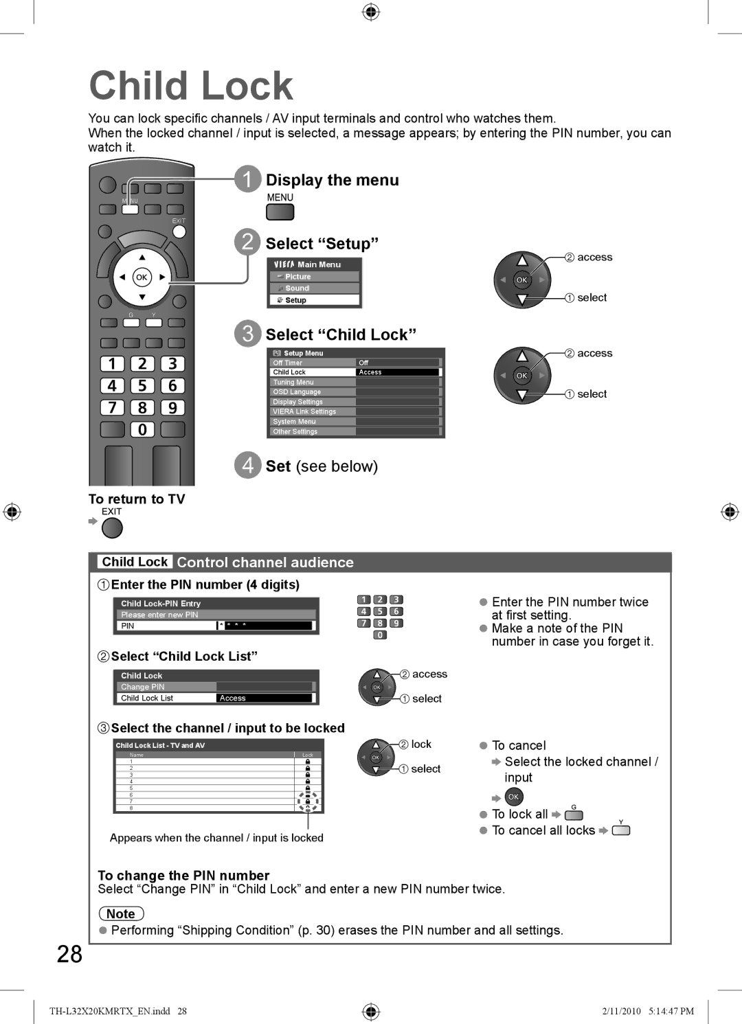 Panasonic TH-L32X20T, TH-L32X20M, TH-L32X20R, TH-L32X20X manual Display the menu, Child Lock Control channel audience 