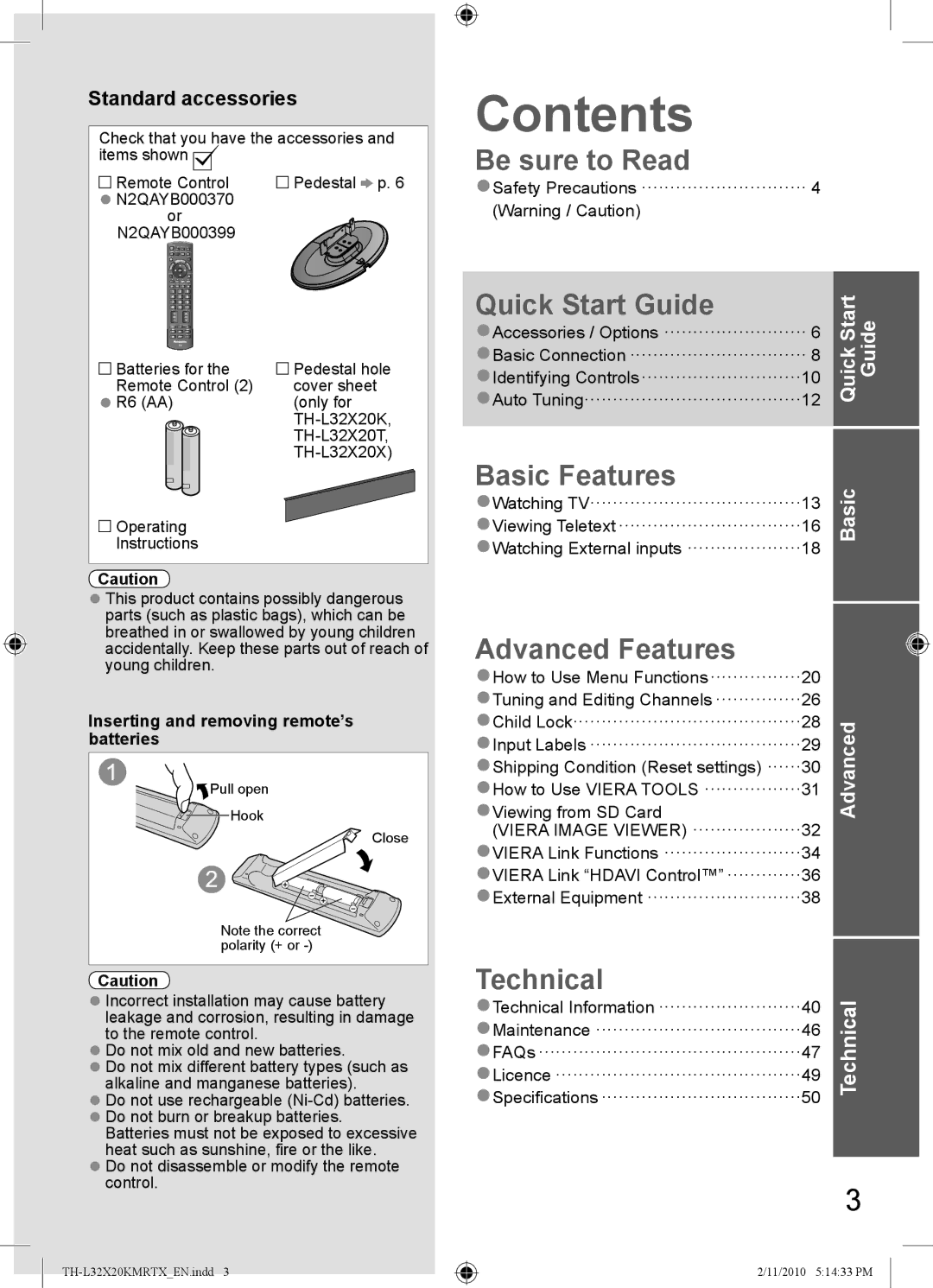 Panasonic TH-L32X20T, TH-L32X20M, TH-L32X20R, TH-L32X20X, TH-L32X20K manual Contents 