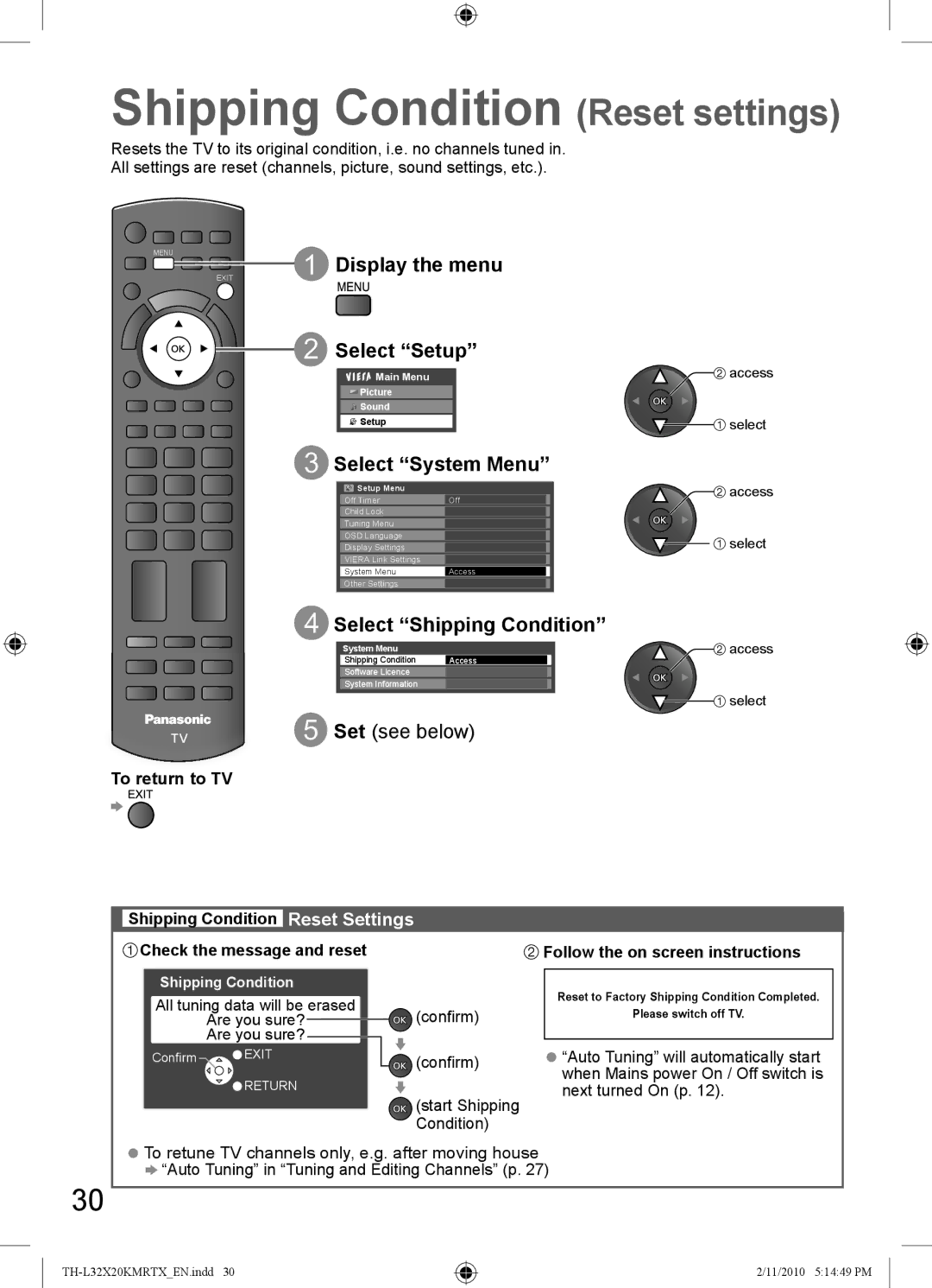 Panasonic TH-L32X20M manual Shipping Condition Reset settings, Start Shipping Condition, Follow the on screen instructions 