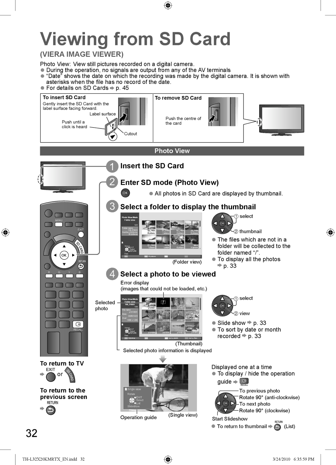 Panasonic TH-L32X20X manual Viewing from SD Card, Insert the SD Card Enter SD mode Photo View, Select a photo to be viewed 