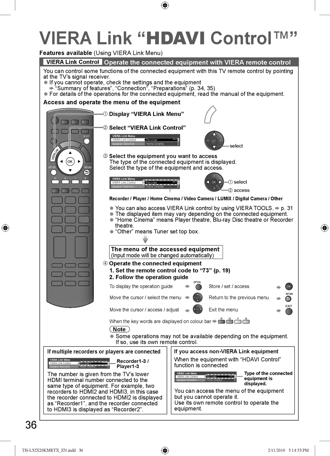 Panasonic TH-L32X20R Viera Link Hdavi Control, Select the equipment you want to access, Menu of the accessed equipment 