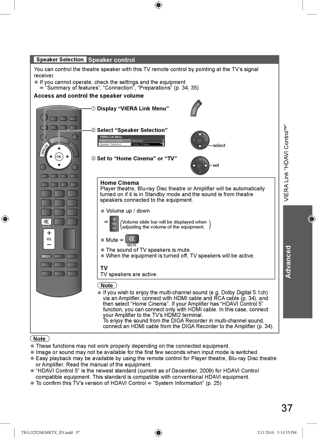 Panasonic TH-L32X20X, TH-L32X20M, TH-L32X20R, TH-L32X20T manual Speaker Selection Speaker control, Set to Home Cinema or TV 