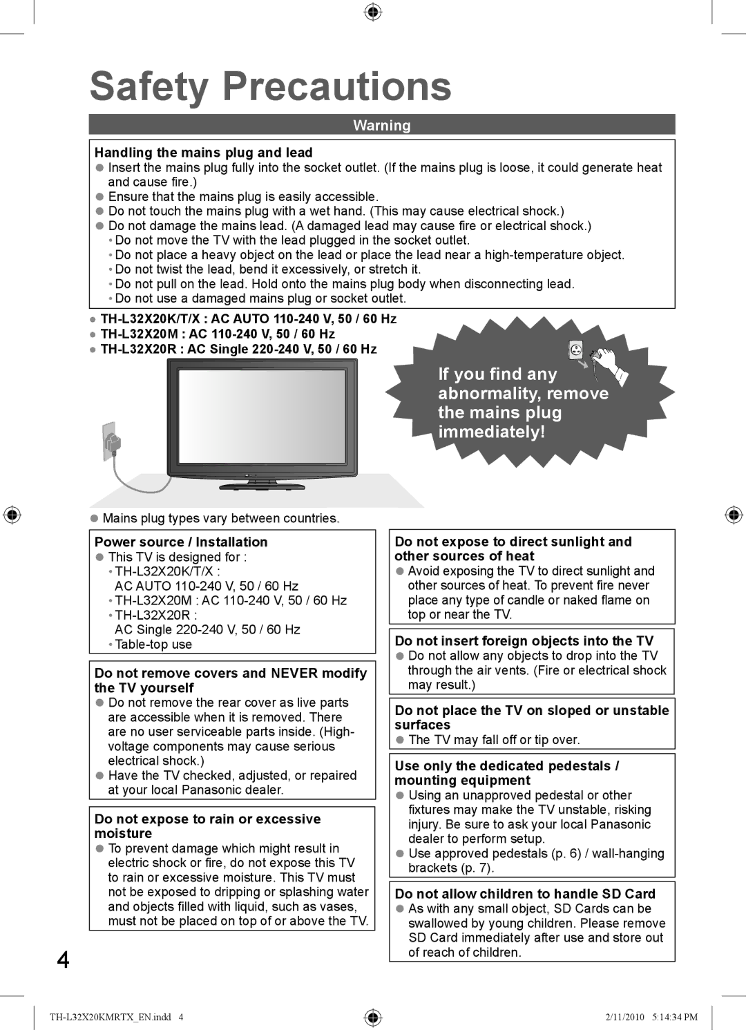 Panasonic TH-L32X20K, TH-L32X20M, TH-L32X20R, TH-L32X20X, TH-L32X20T manual Safety Precautions 