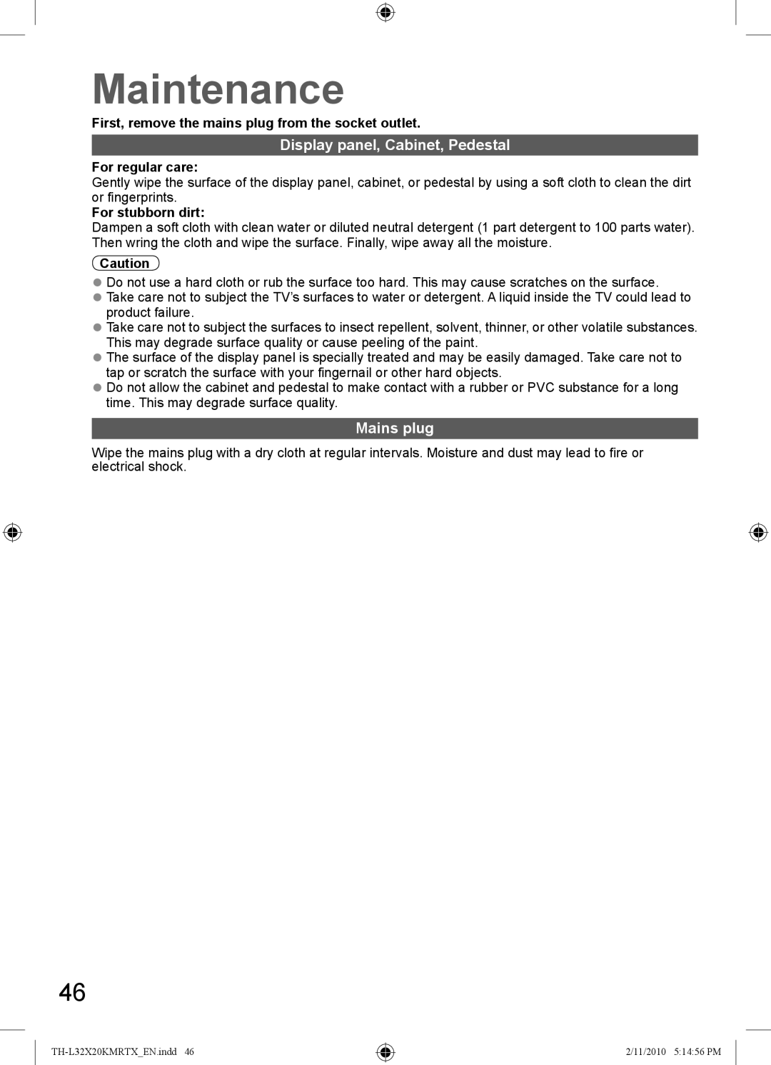 Panasonic TH-L32X20R, TH-L32X20M, TH-L32X20X, TH-L32X20T manual Maintenance, Display panel, Cabinet, Pedestal, Mains plug 