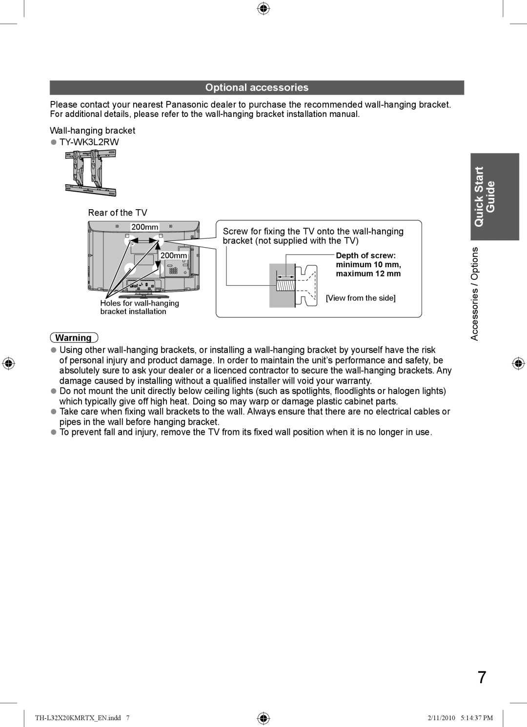 Panasonic TH-L32X20X, TH-L32X20M, TH-L32X20R, TH-L32X20T, TH-L32X20K manual Optional accessories, Rear of the TV 