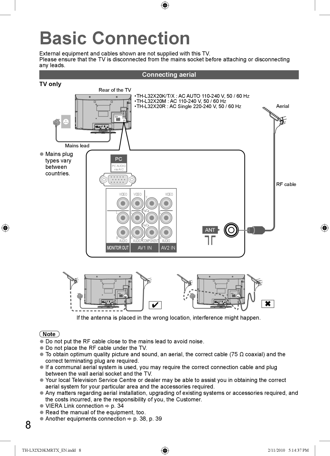 Panasonic TH-L32X20T, TH-L32X20M, TH-L32X20R, TH-L32X20X, TH-L32X20K manual Basic Connection, Connecting aerial, TV only 