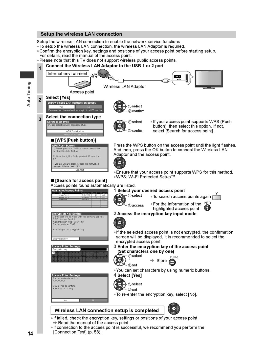 Panasonic TH-L32X30G, TH-L32X30S manual Setup the wireless LAN connection, Wireless LAN connection setup is completed 