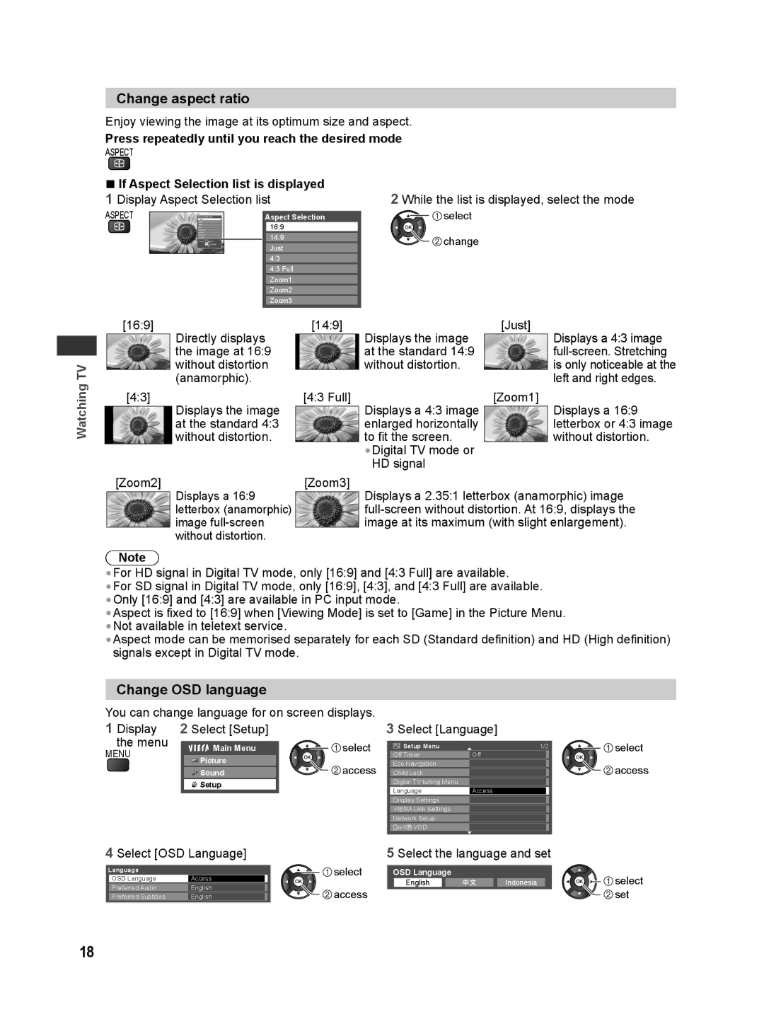 Panasonic TH-L32X30G manual Change aspect ratio, Change OSD language, Press repeatedly until you reach the desired mode 