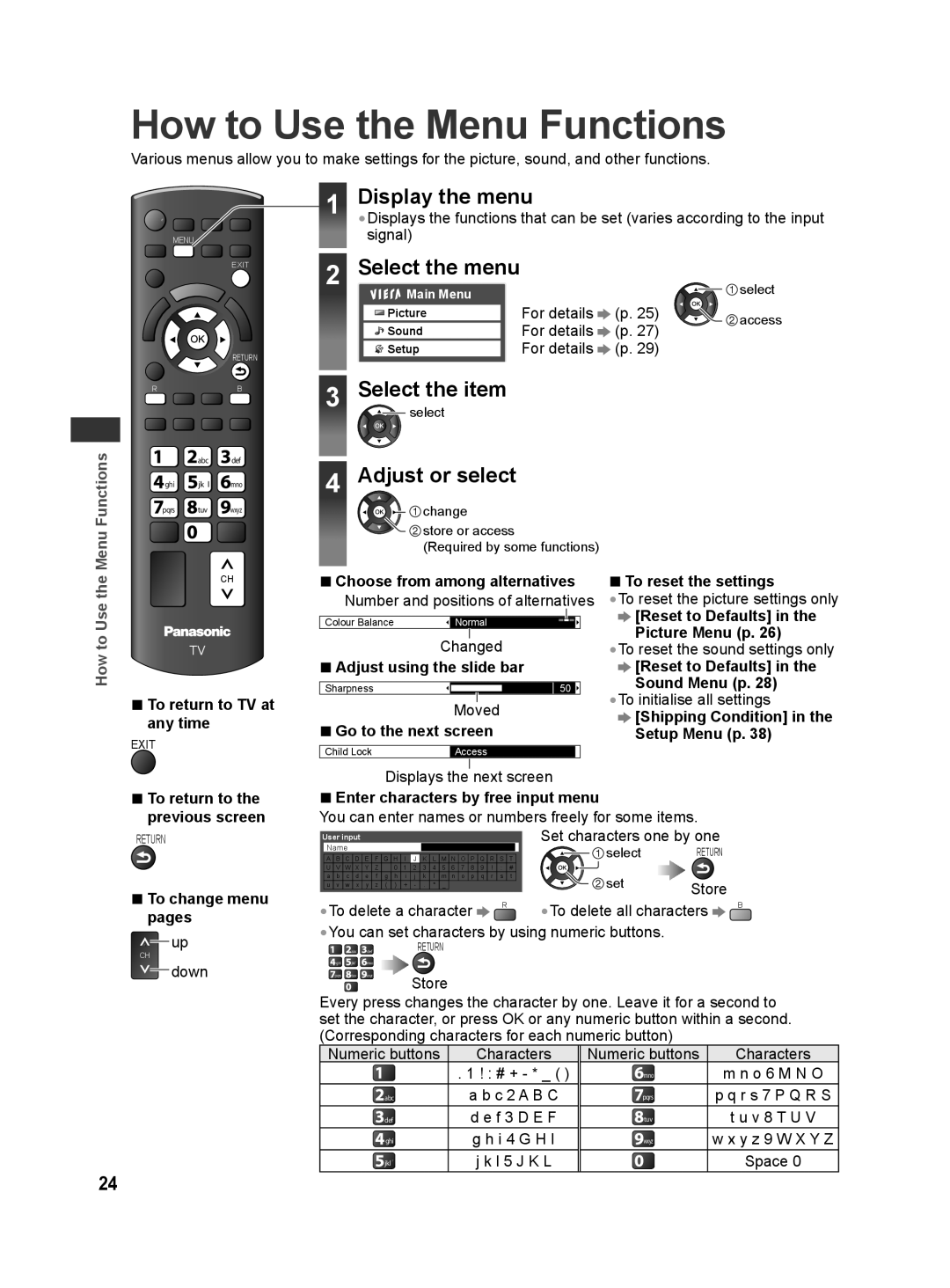 Panasonic TH-L32X30G, TH-L32X30S manual How to Use the Menu Functions, Display the menu, Select the item, Adjust or select 