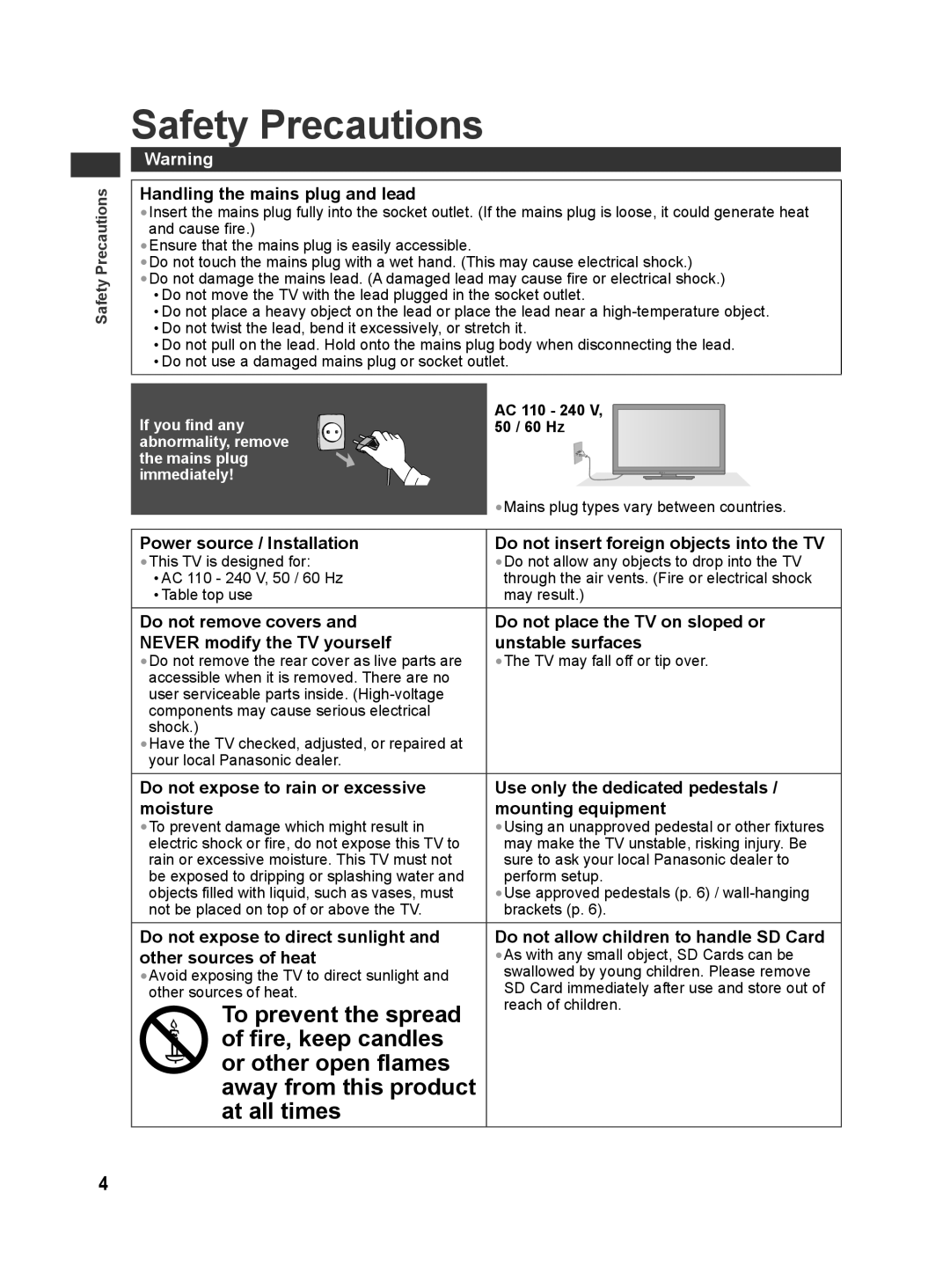 Panasonic TH-L32X30G, TH-L32X30S manual Safety Precautions, Handling the mains plug and lead, AC 110 240 V, 50 / 60 Hz 