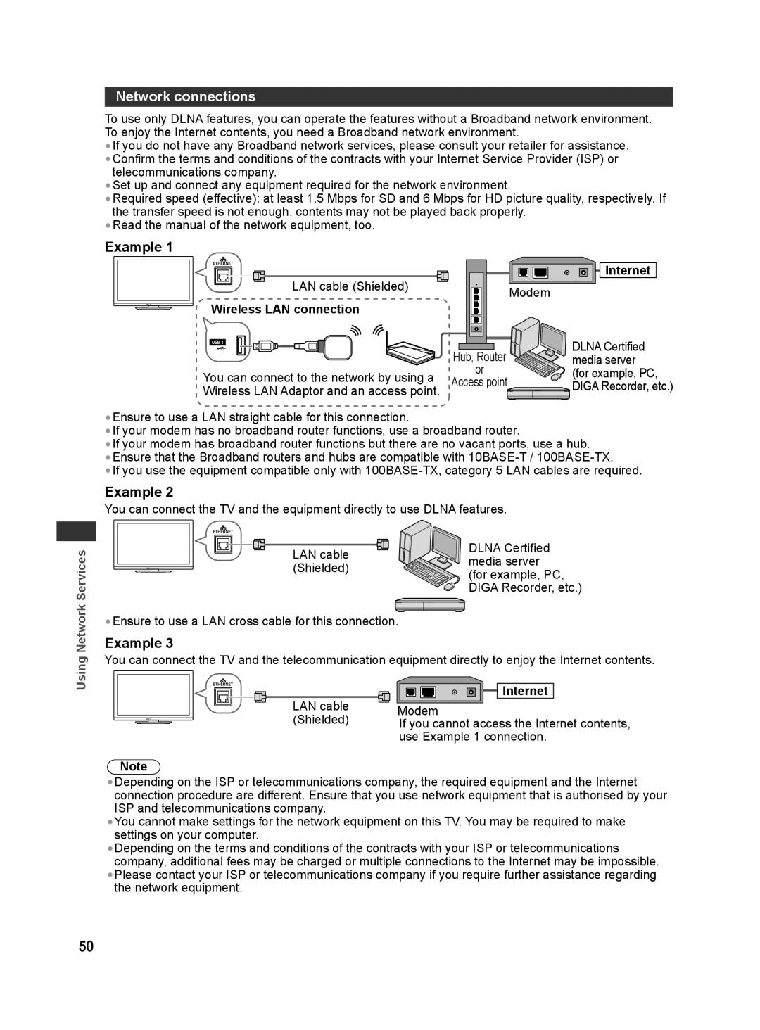 Panasonic TH-L32X30G, TH-L32X30S manual Network connections, Example, Wireless LAN connection, Internet 