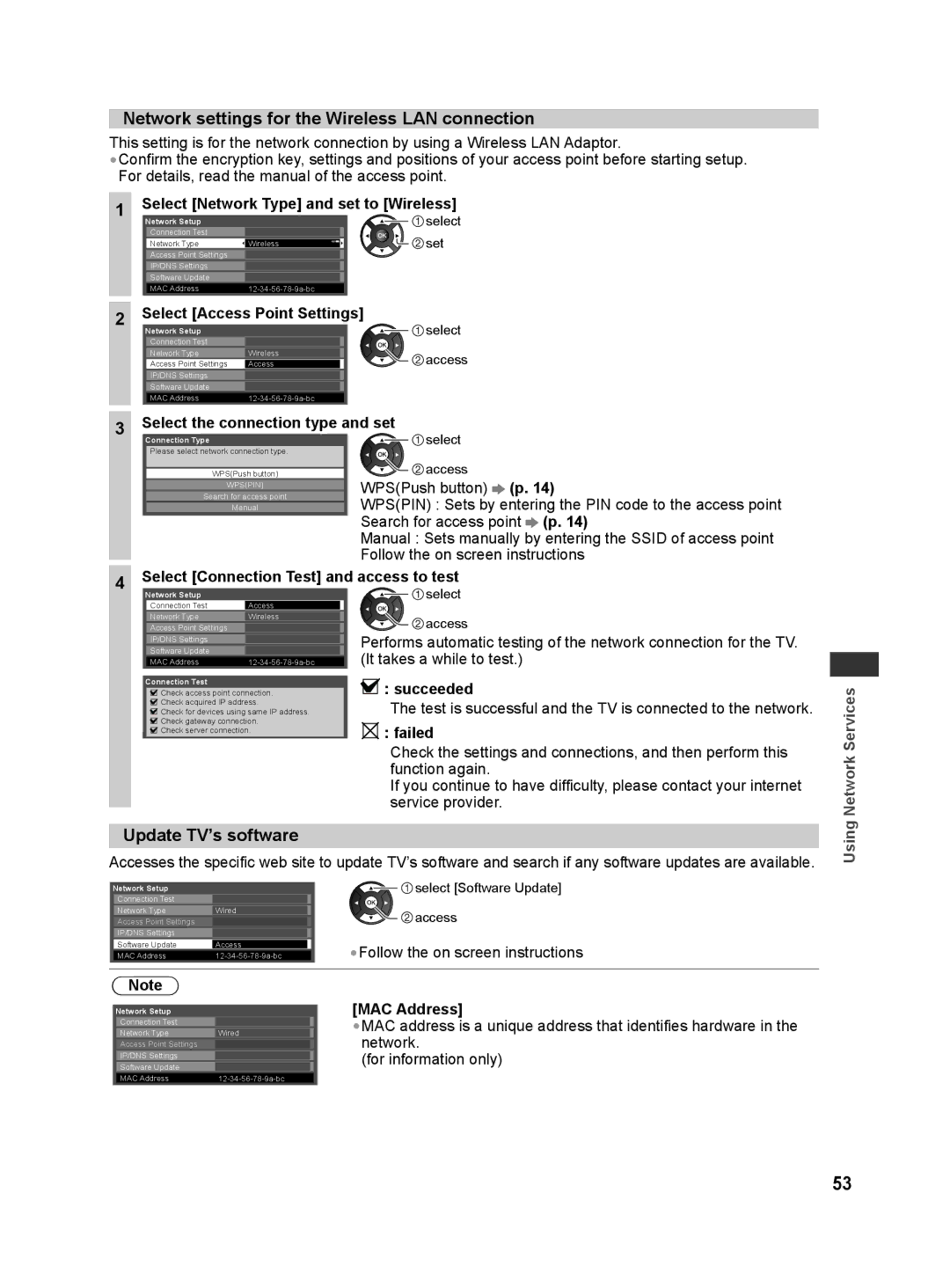 Panasonic TH-L32X30S Network settings for the Wireless LAN connection, Update TV’s software, Select Access Point Settings 