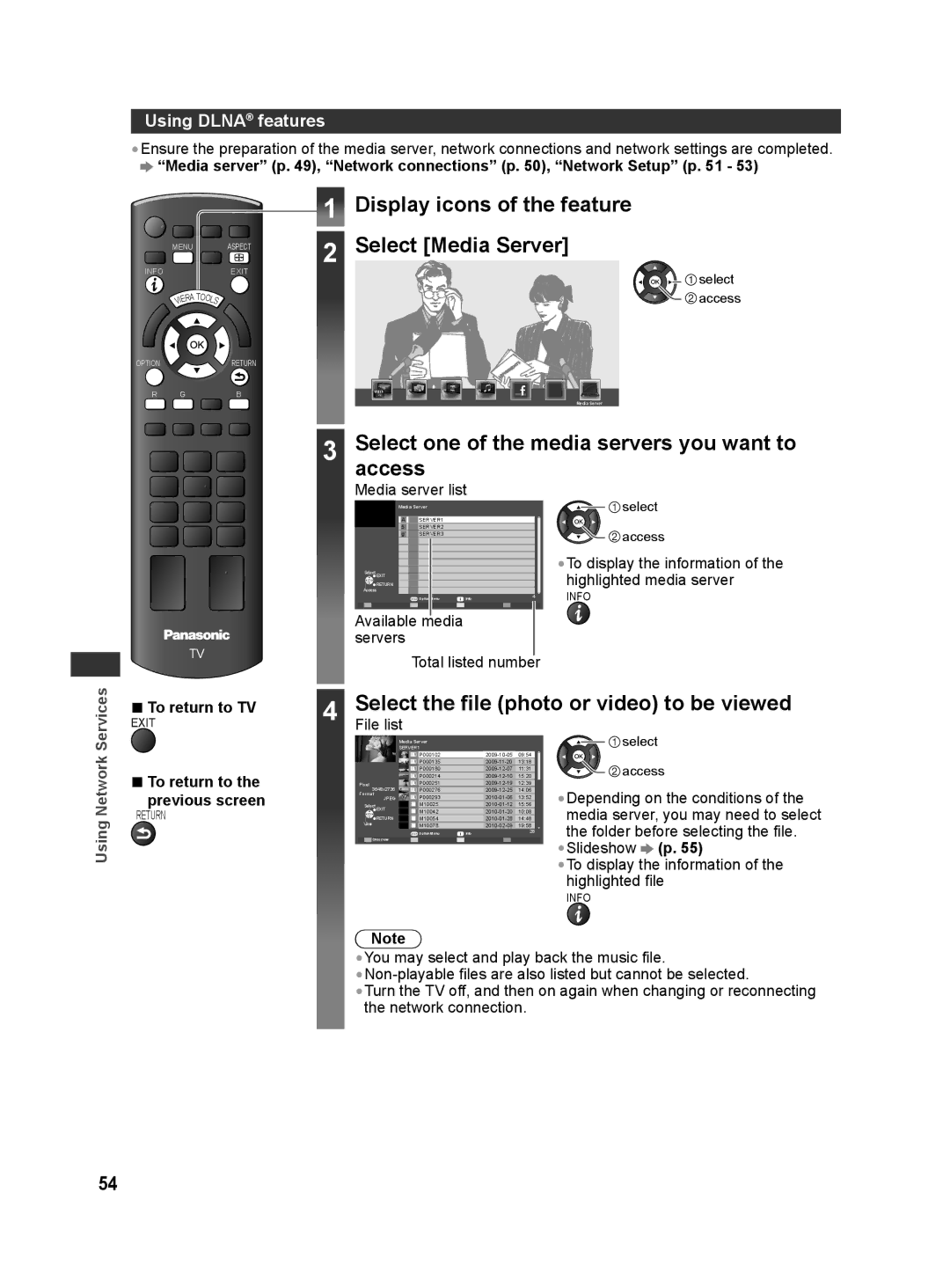 Panasonic TH-L32X30G Display icons of the feature Select Media Server, Select one of the media servers you want to access 