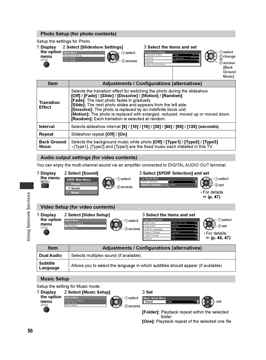 Panasonic TH-L32X30G, TH-L32X30S manual Photo Setup for photo contents, Audio output settings for video contents 