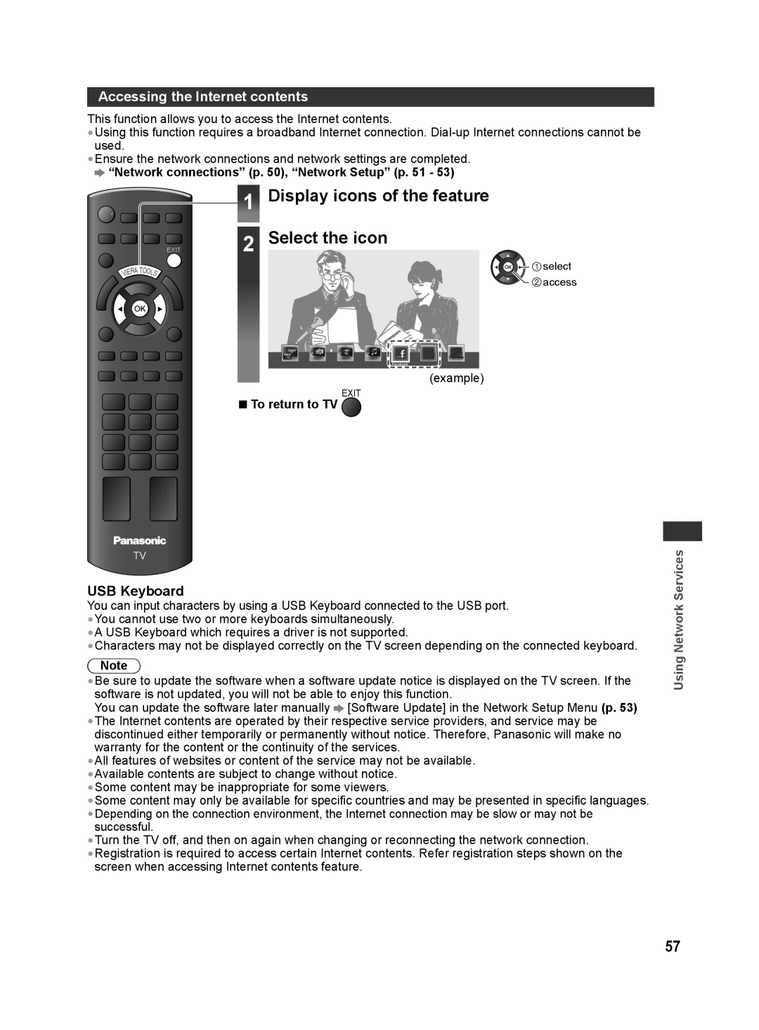 Panasonic TH-L32X30S, TH-L32X30G manual Display icons of the feature Select the icon, Accessing the Internet contents 