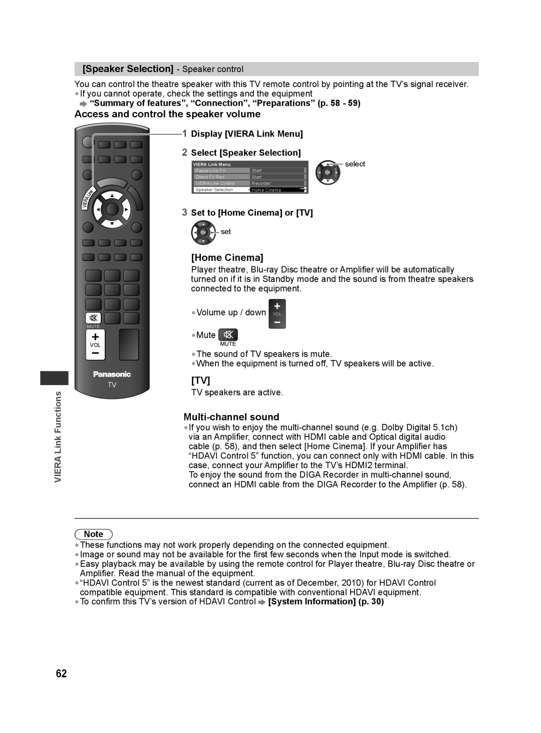 Panasonic TH-L32X30G, TH-L32X30S Speaker Selection Speaker control, Access and control the speaker volume, Home Cinema 