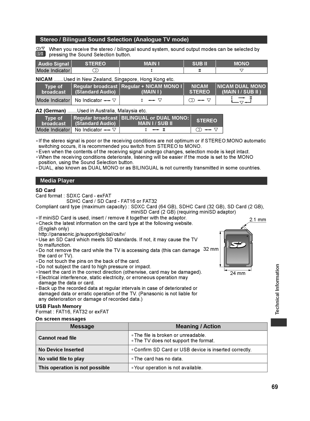 Panasonic TH-L32X30S manual Stereo / Bilingual Sound Selection Analogue TV mode, Media Player, Message Meaning / Action 