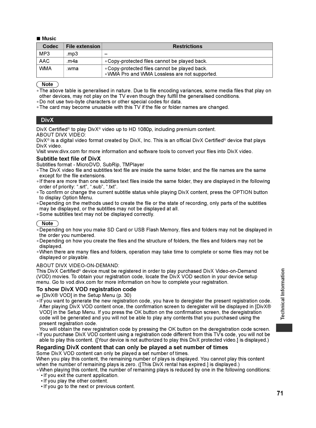 Panasonic TH-L32X30S manual Subtitle text file of DivX, To show DivX VOD registration code, Music Codec, Restrictions 