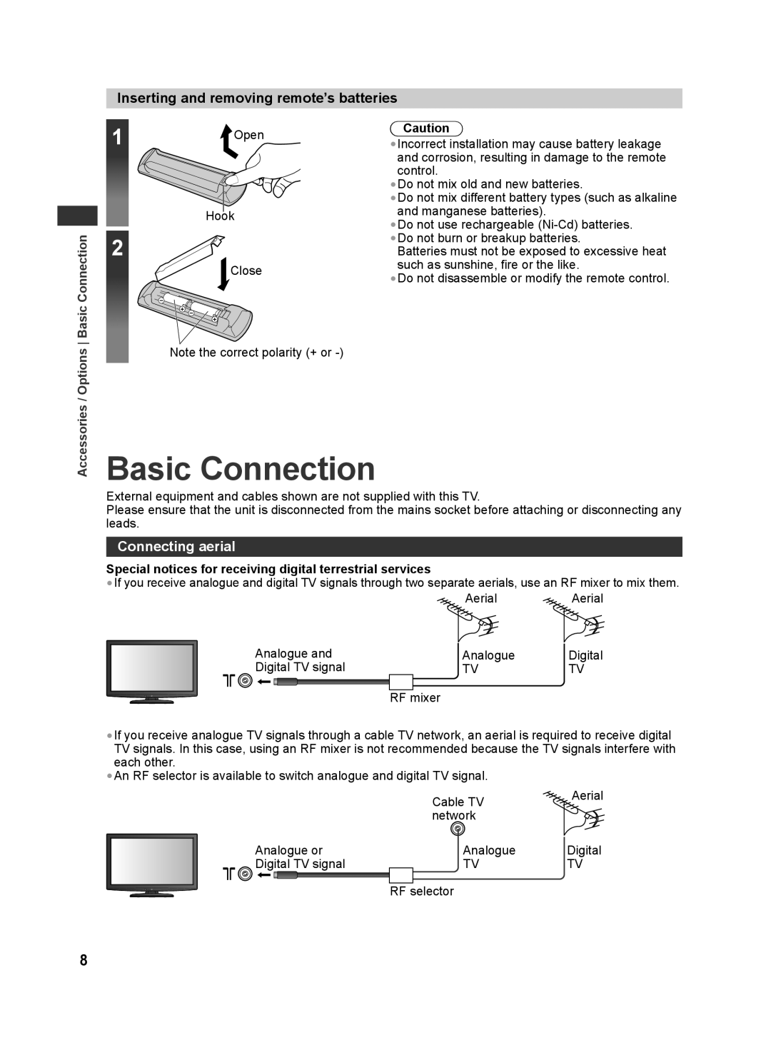 Panasonic TH-L32X30G, TH-L32X30S manual Basic Connection, Inserting and removing remote’s batteries, Connecting aerial 