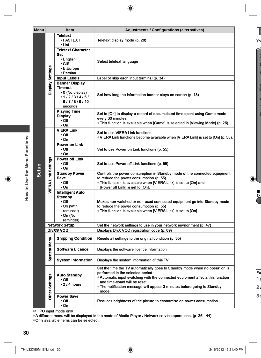 Panasonic TH-L32X50M Setup, How to Use the Menu Functions, Adjustments / Configurations alternatives, Teletext, Timeout 