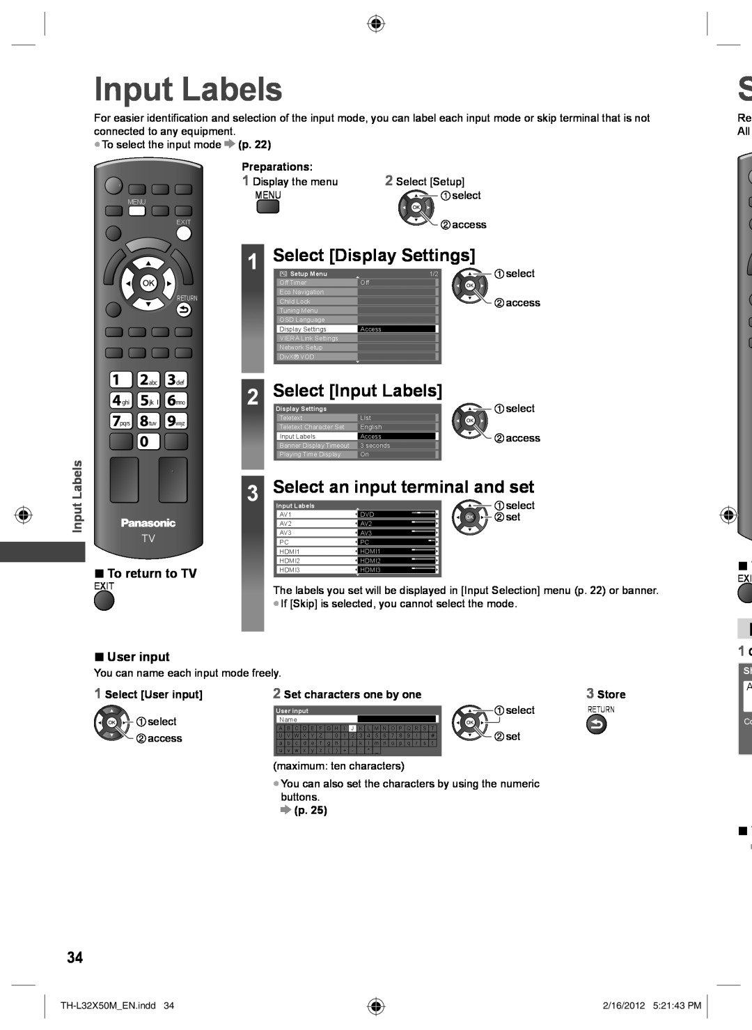 Panasonic TH-L32X50M Select Display Settings, Select Input Labels, Select an input terminal and set, LabelsInput 