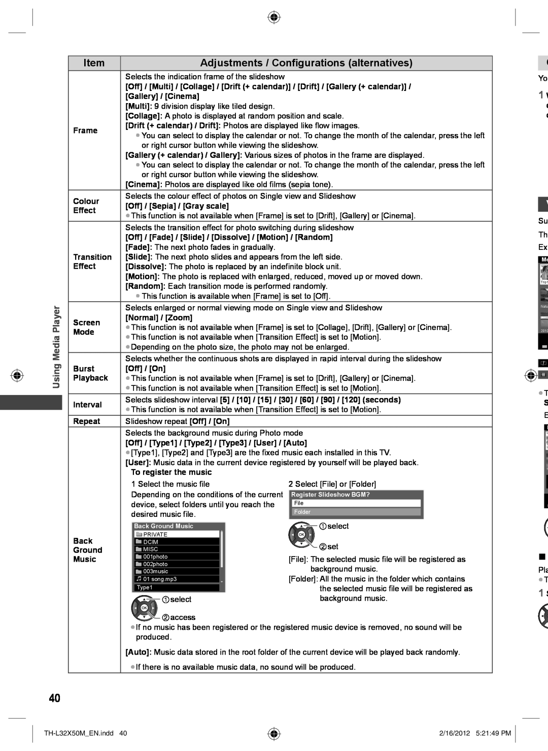 Panasonic TH-L32X50M Adjustments / Configurations alternatives, Using Media Player, Gallery / Cinema, Frame, Colour, Mode 