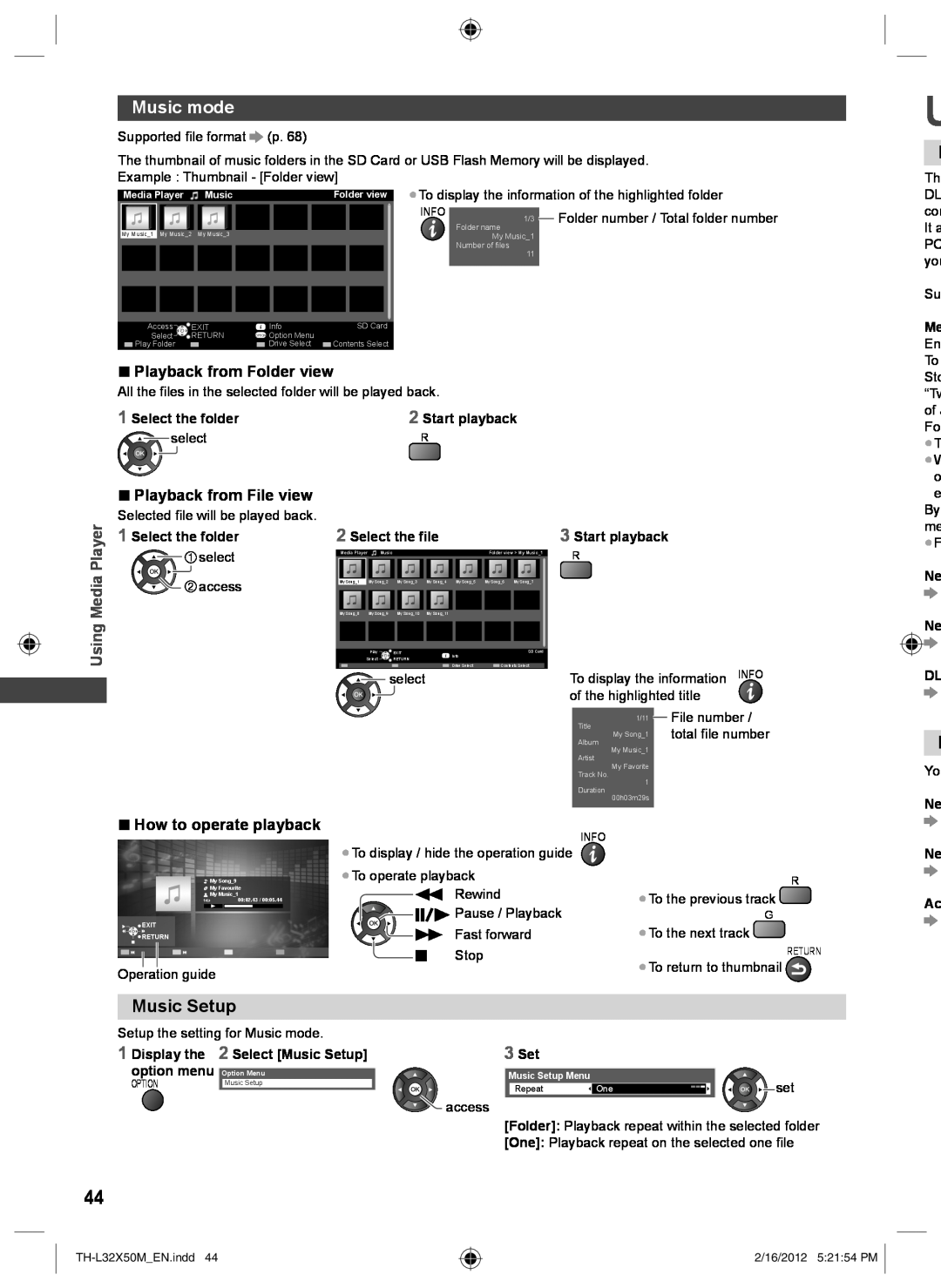 Panasonic TH-L32X50M Music mode, Music Setup, Playback from Folder view, Playback from File view, How to operate playback 