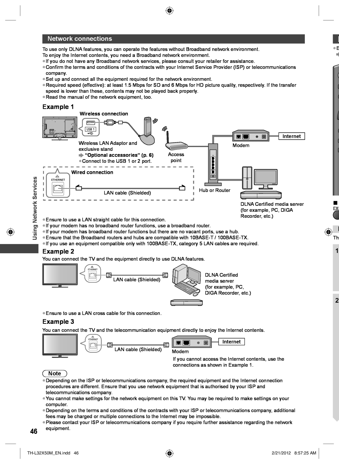 Panasonic TH-L32X50M Network connections, Example, Services, Using, Wireless connection, Internet, Wired connection 