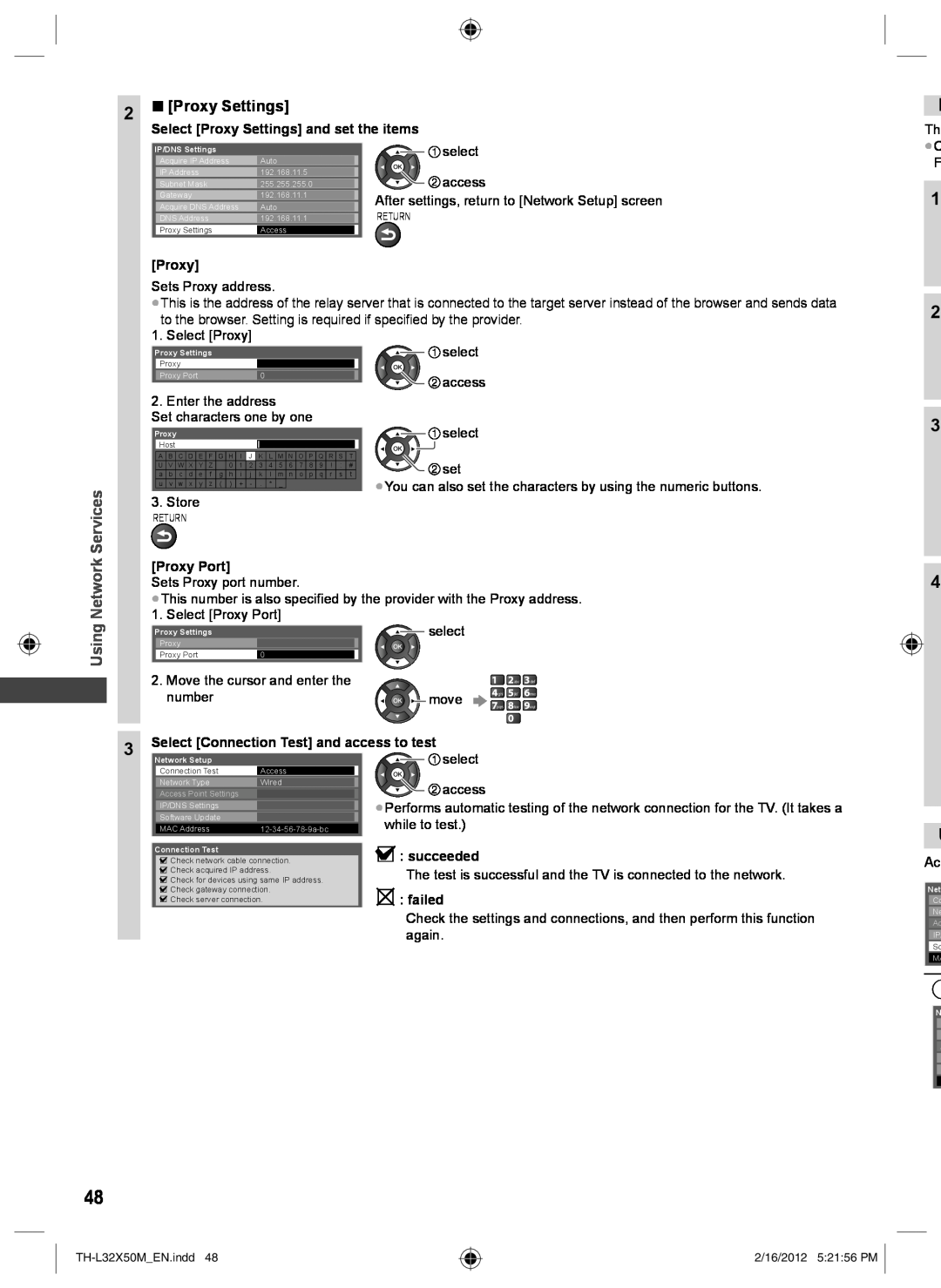 Panasonic TH-L32X50M operating instructions Using Network Services, Select Proxy Settings and set the items, Proxy Port 