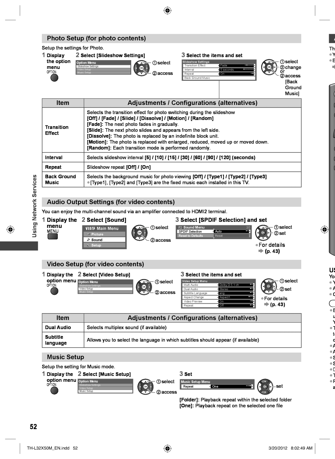 Panasonic TH-L32X50M Photo Setup for photo contents, Audio Output Settings for video contents, Display the, menu, Network 